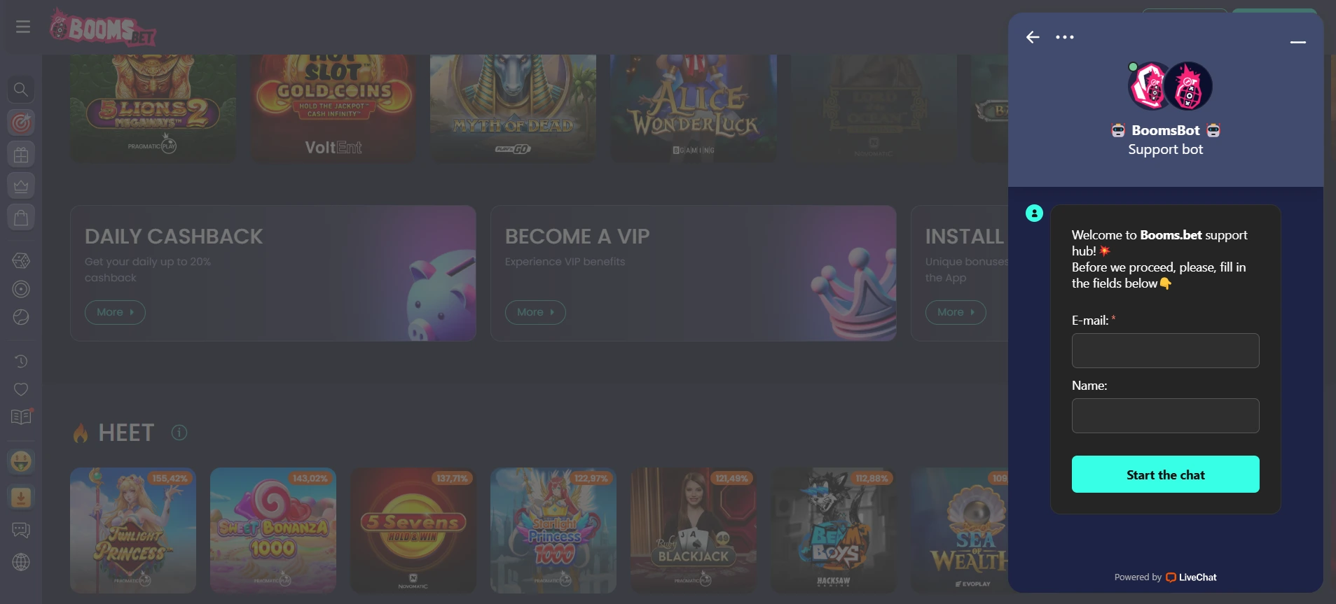 24/7 online chatondersteuning bij BoomsBet Casino