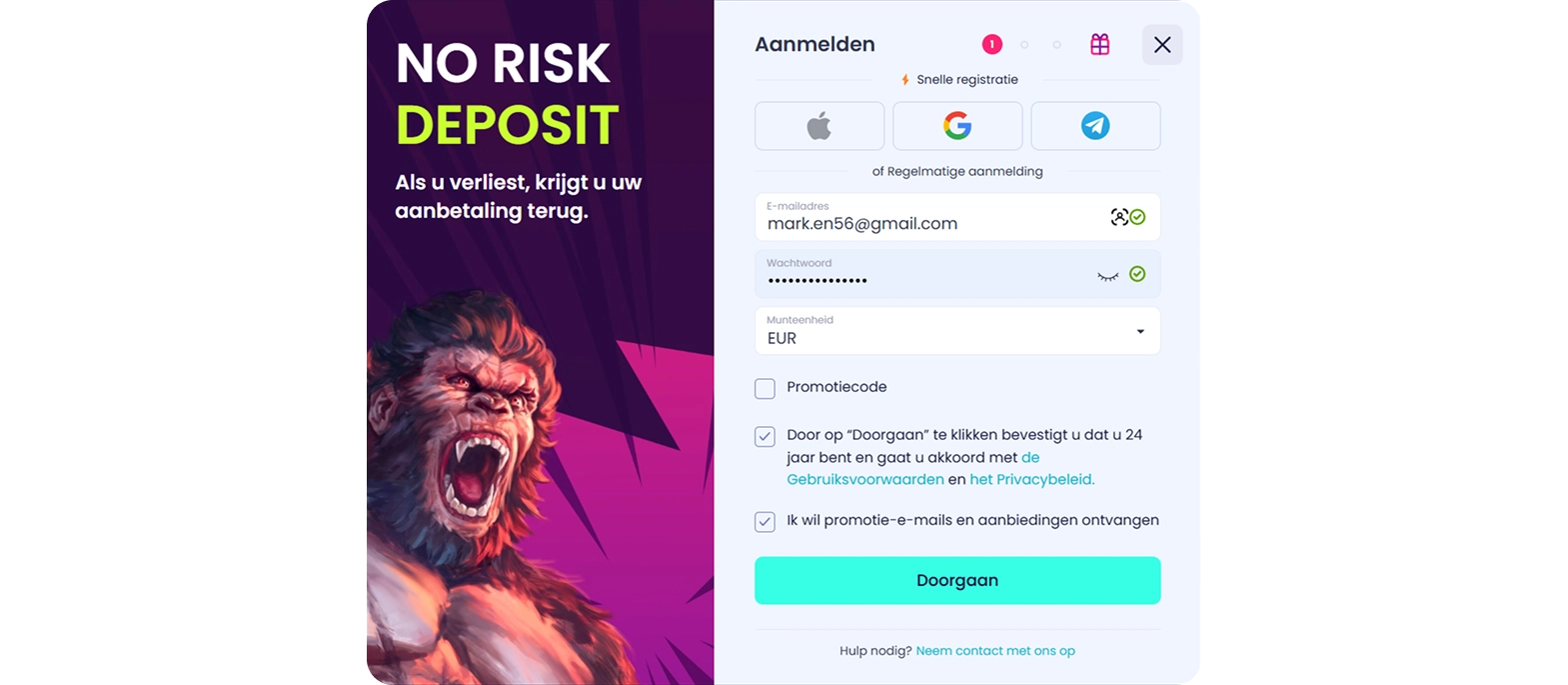 Registreer je bij BoomsBet Casino – stap 1